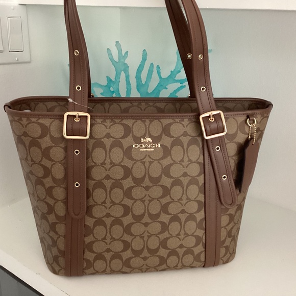 NWT COACH Signature Leather TOTE Shoulder Khaki Brown Saddle Bag $500